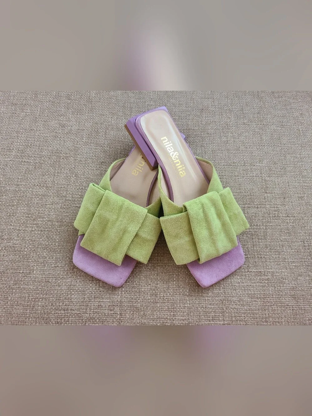 Nila & Nila ltaly Block Heel Bow Slides Green Purple NEW SIZE 5.5